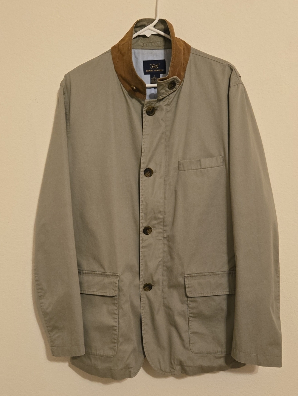 Brooks Brothers Khaki Lightweight Jacket with Brown Collar - Large